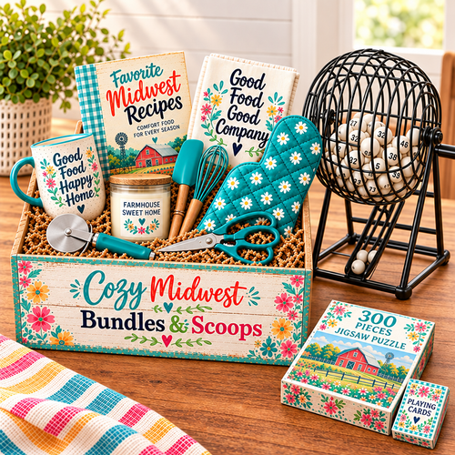 Cozy Midwest gift box with playing cards and puzzle outside the box, plus bingo tumbler beside it